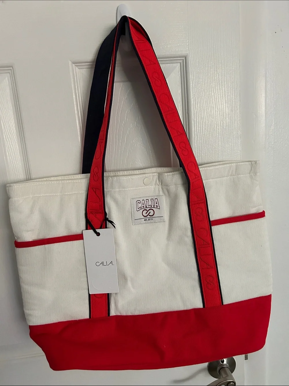 CALLIA White and Red Canvas Tote with Logo Strap